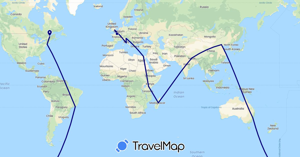 TravelMap itinerary: driving in Australia, Brazil, Canada, China, Egypt, France, United Kingdom, Italy, Kenya, Madagascar, Nepal, United States (Africa, Asia, Europe, North America, Oceania, South America)