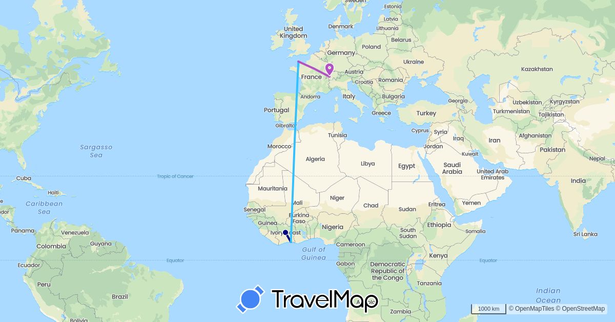 TravelMap itinerary: driving, train, boat in Switzerland, Côte d'Ivoire, France (Africa, Europe)